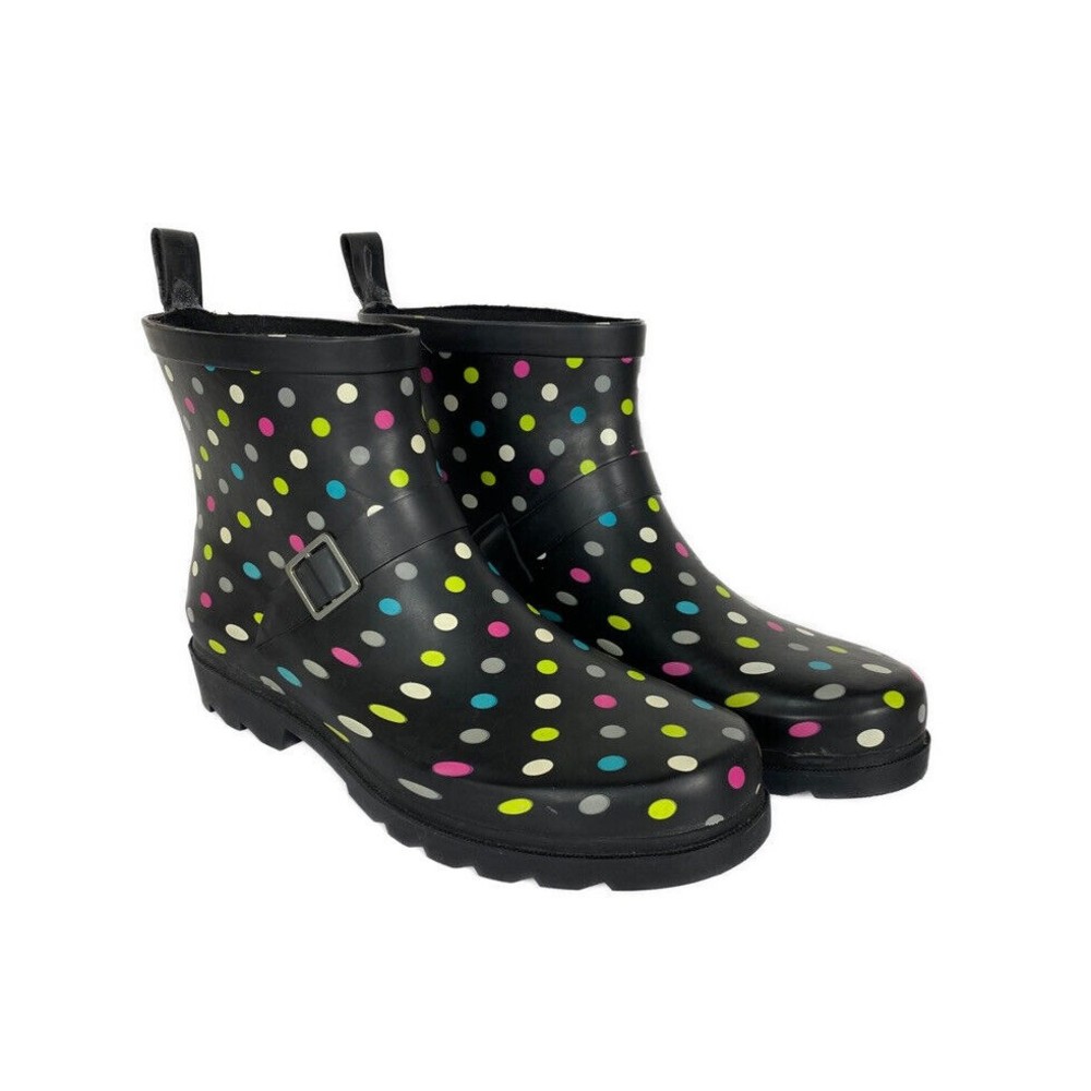 NWOB Capelli New York Womens Rain Ankle Booties Black Rainbow Polka Dot Size 10